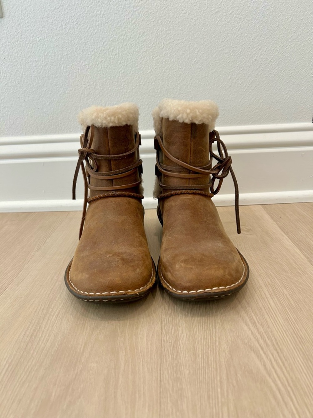 UGG Chestnut Suede Shearling Cuff Lace-Up Ankle Boots